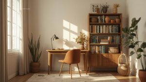 desk and bookshelf makeover cozy warm aesthetic - lynのデスクツアー